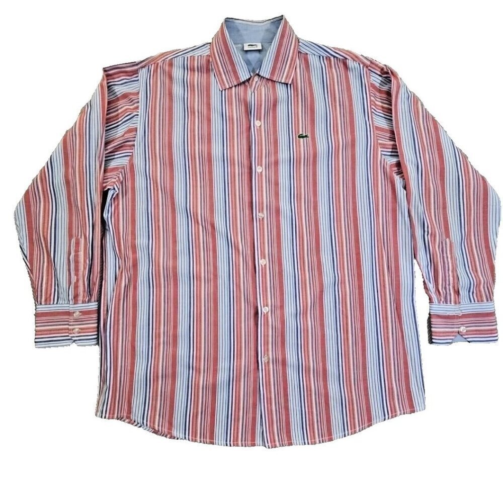Lacoste🐊Long Sleeve Shirt Size XXL (54" Chest) Vertical Stripes 100% Cotton Y2K